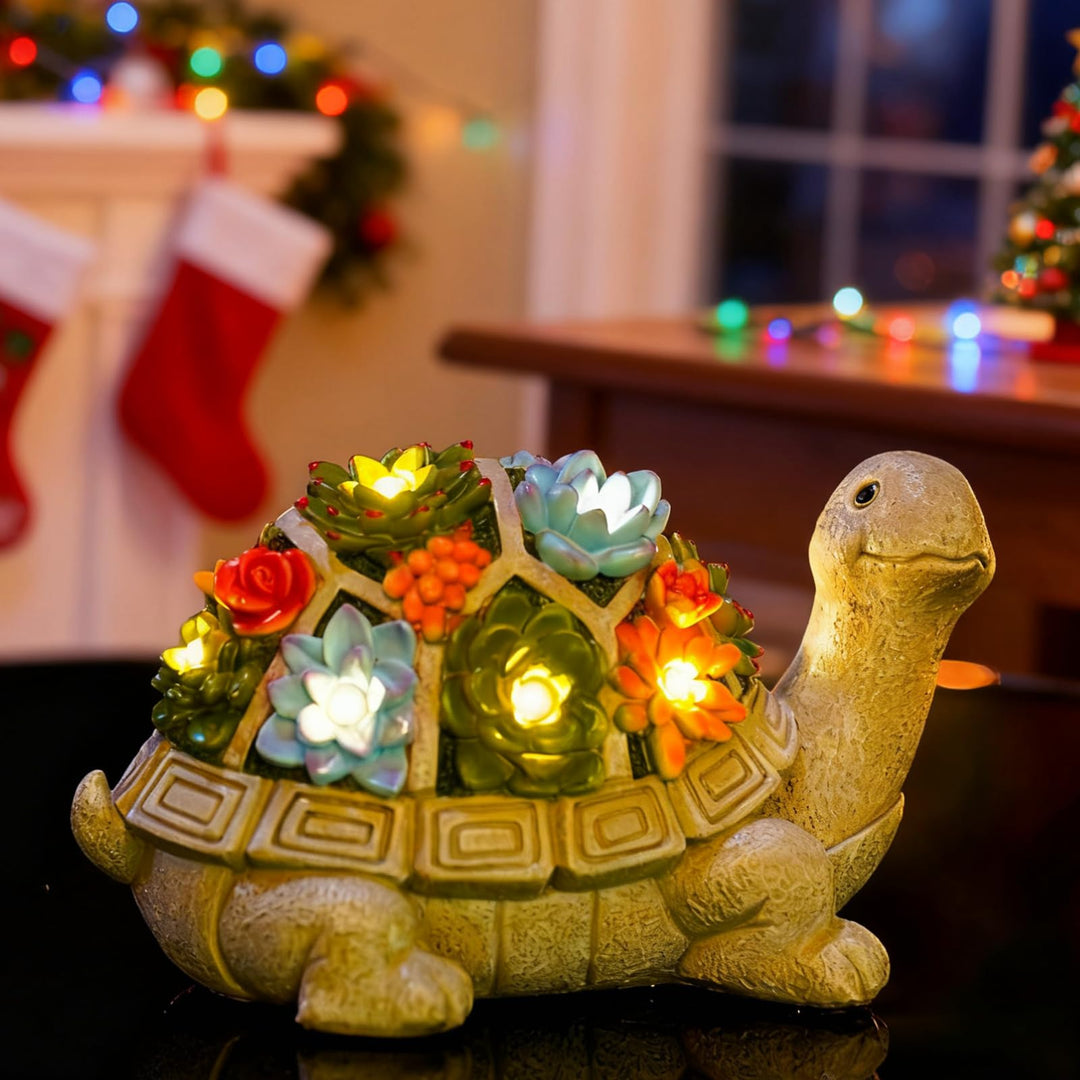 Nacome Garden Outdoor Statues Turtle with Succulent and 7 LED Lights - Lawn Decor Tortoise Statue for Patio, Balcony, Yard Ornament - Unique Housewarming Gifts