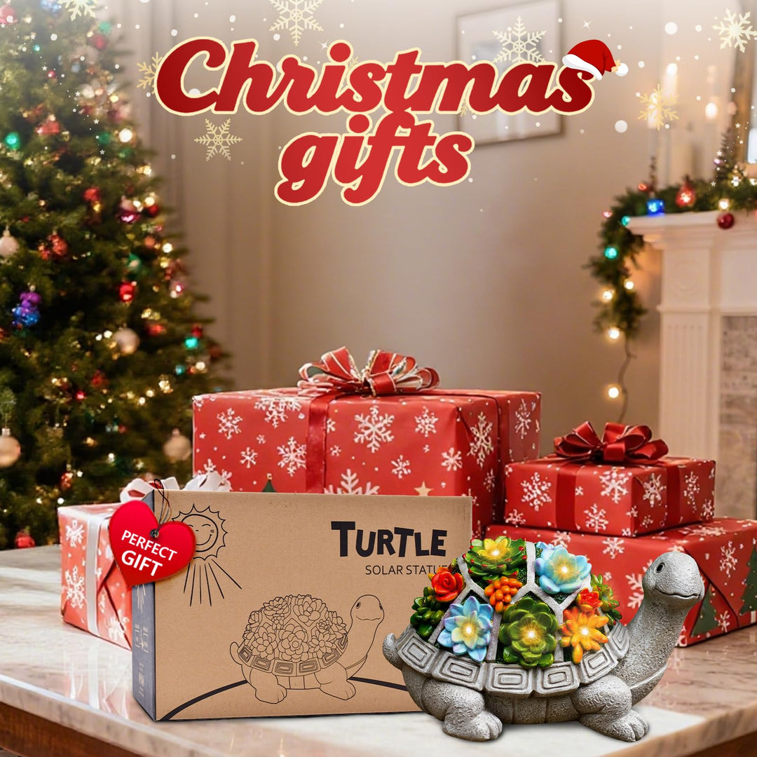 Nacome Garden Outdoor Statues Turtle with Succulent and 7 LED Lights - Lawn Decor Tortoise Statue for Patio, Balcony, Yard Ornament - Unique Housewarming Gifts