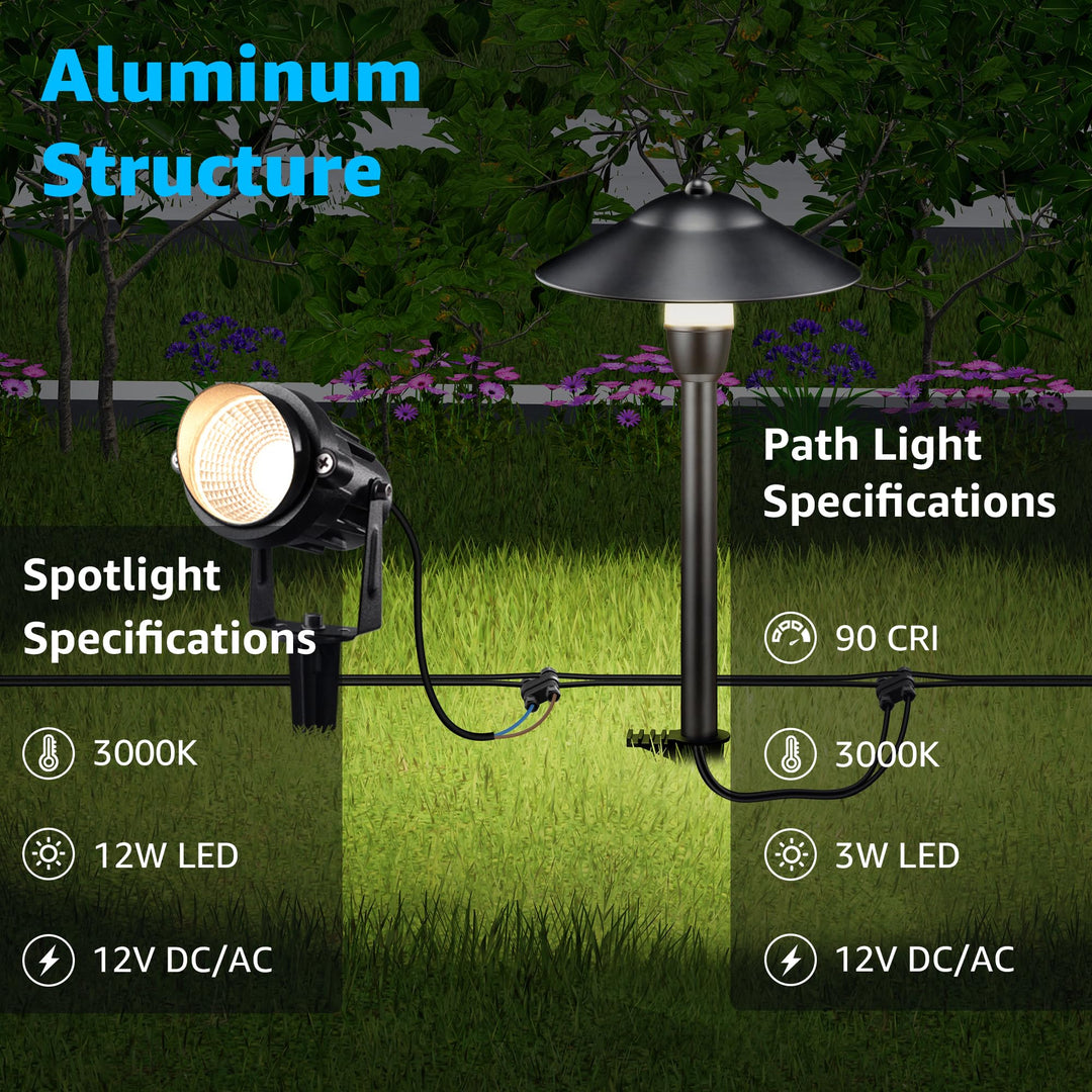 SUNVIE LED Low Voltage Landscape Lighting 12V Landscape Lighting Kit with Connectors, Low Voltage Pathway Lights with Spotlights Aluminum Pathway Lights Wired Waterproof for Patio Yard Garden, 12 Pack