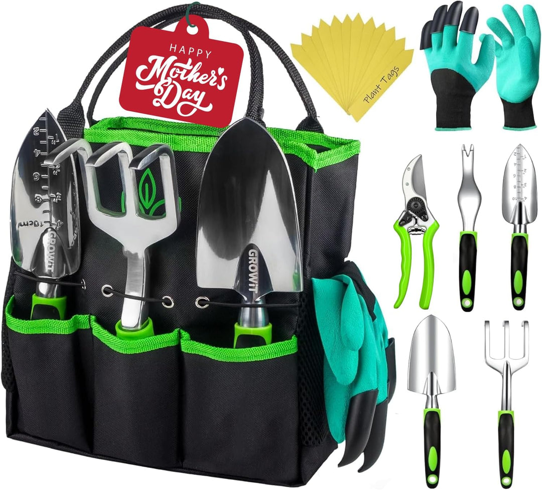 9-Piece Complete Garden Tool Set – Ergonomic Hand Tools Kit with Weeder, Pruner, Transplanter, Trowel, Rake & Storage Bag